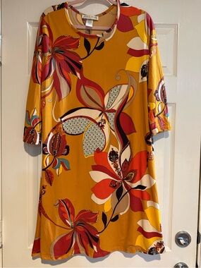 Jamie & Layla XL  Mustard Floral Midi Dress 3/4 sleeve stretch